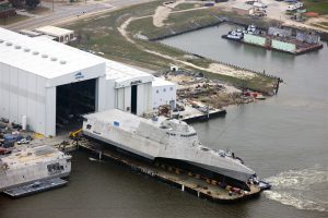MOBILE, Ala. An aerial view of the future littoral combat ship USS Gabrielle Giffords (LCS 10) during its launch sequence at the Austal USA shipyard. The launch of the Gabrielle Giffords marks an important production milestone for the littoral combat ship program. (U.S. Navy photo)